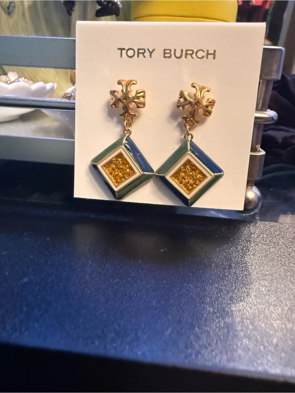Tory Burch Gold-tone Blue and Green Enamel Drop Earrings with Yellow Center